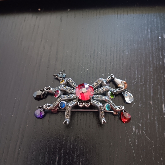 Sterling Silver Marcasite Multicolor Crystal Spider Brooch Vintage Whimsigoth